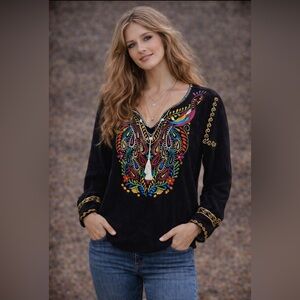 Embroidered - Bohemian style  Black Top with Multicolor design- tasseled ties